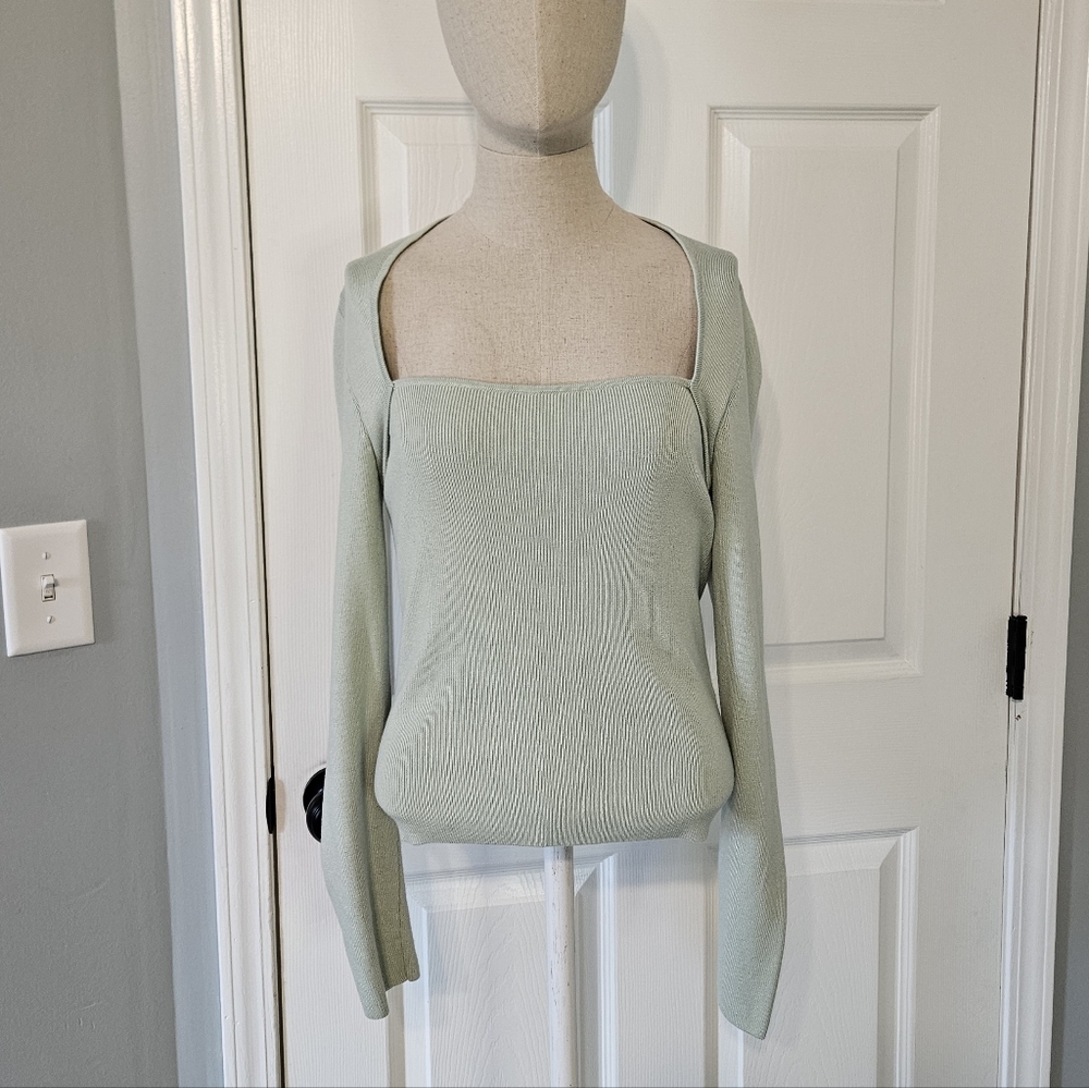 & Other Stories Sage Green Off-the-Shoulder Ribbed Sweater
